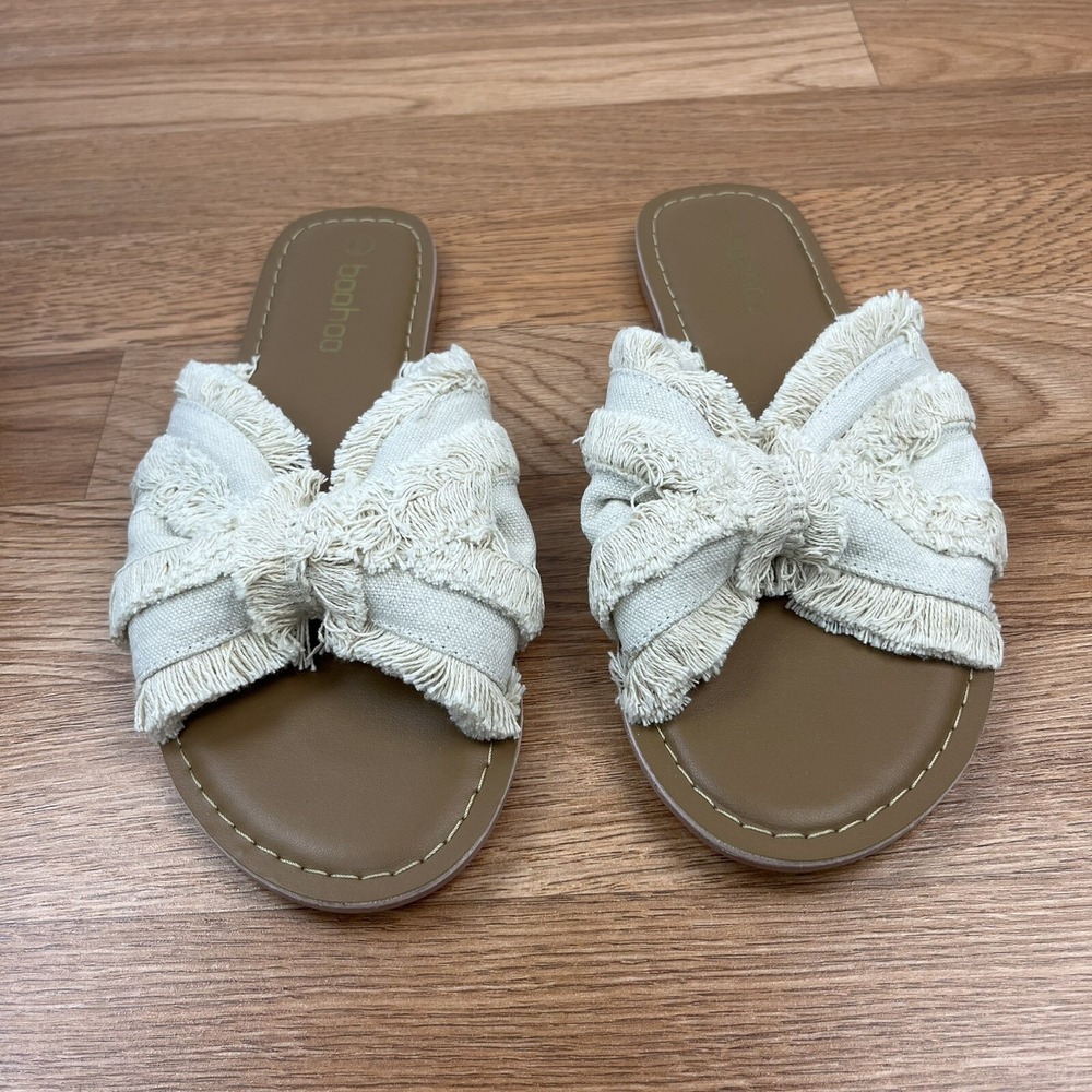 boohoo Women's Flat Canvas Slides Sandals Soft Knot Size 5 with Fringe NEW‎